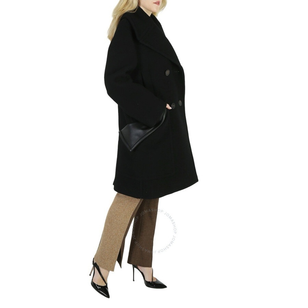 BURBERRY Wool Coat Oversized Notched Collar Leather Trim Black - Picture 5 of 11